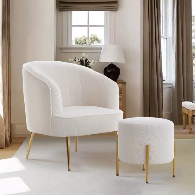 Livingandhome White Bouclé Fabric Barrel Chair and Matching Ottoman Set