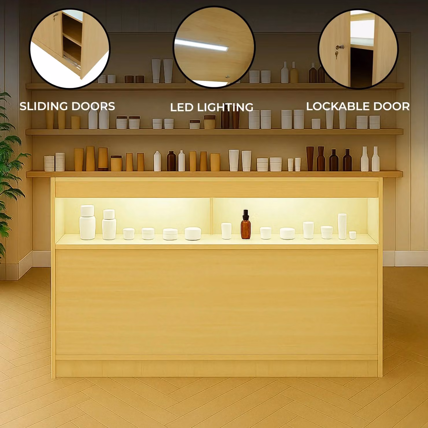 Monstershop B1500 LED Retail Shop Counter in Maple Beige with Glass Sliding Doors and Integrated Lighting – 2