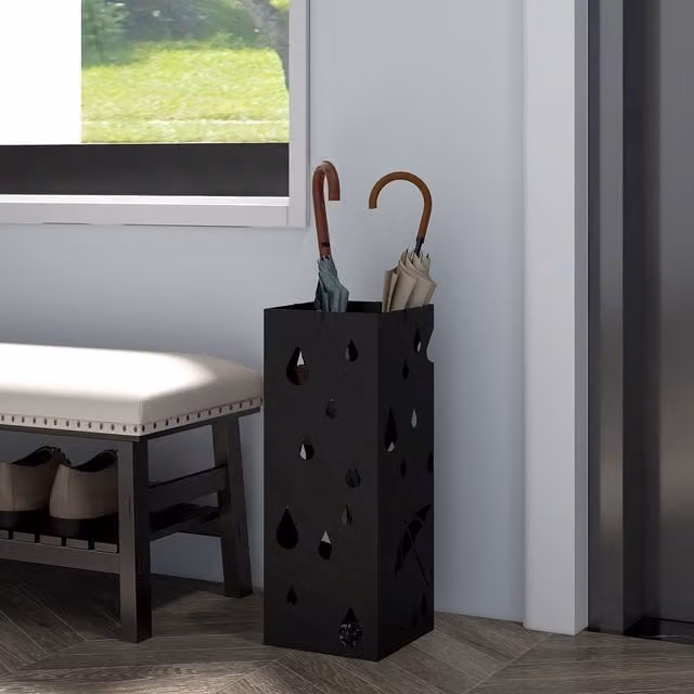 HOMCOM Square Metal Umbrella Stand with 4 Hooks and Removable Tray, Black