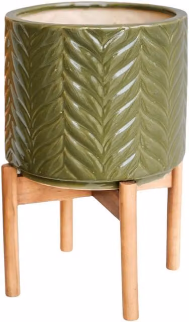 Lemon Pavilion Furniture and Decor Aspen Chevron Ceramic and Wood Planter, Green, W: 22 cm, D: 22 cm, H: 34 cm