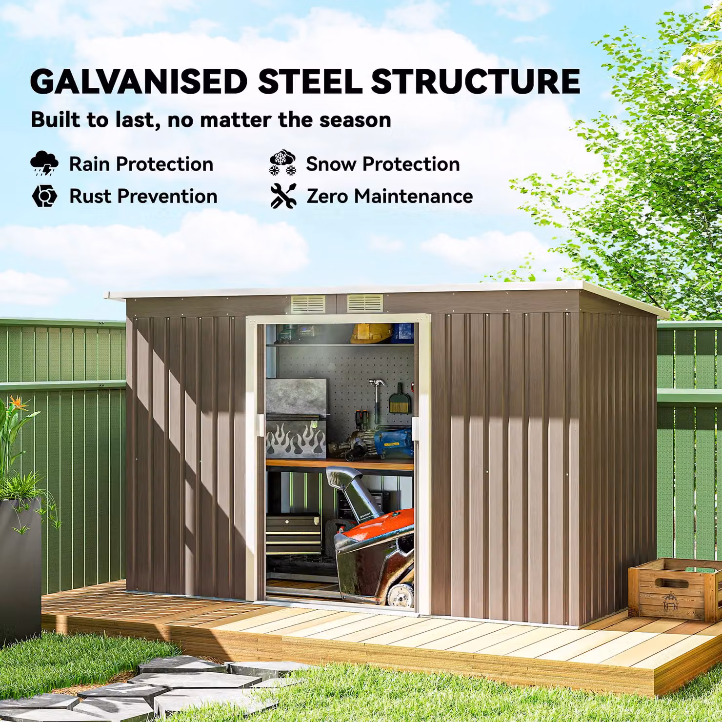 OUTSUNNY Metal Garden Storage Shed with 2 Doors and Window, Light Grey Wood Grain – 4