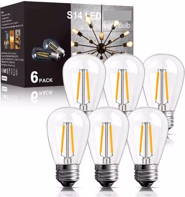 VOGREX 6 Pack Shatterproof LED Outdoor Screw Bulb, 2W, 2200K Warm White, Transparent