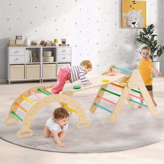 Costway Modular 3-in-1 Kids Climbing Frame with Slide in Pink and Multicolour Wood