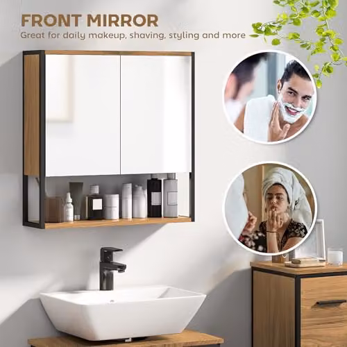 HOMCOM Modern Wall Mounted Bathroom Mirror Cabinet with Soft Close Hinged Doors and Internal Shelves, Brown, W: 60 cm, H: 60 cm, D: 16 cm – 4
