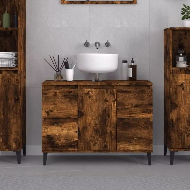 Berkfield Home Smoked Oak Sink Cabinet in Brown, W/D/H: 80 x 33 x 60 cm