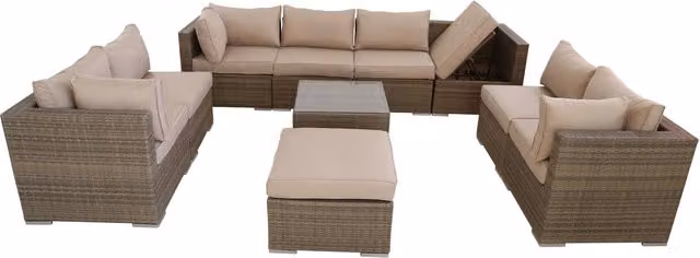 Furniture One 10 Piece Modular Polyrattan L-Shape Outdoor Recliner Garden Sofa with Beige and Yellow Cushions