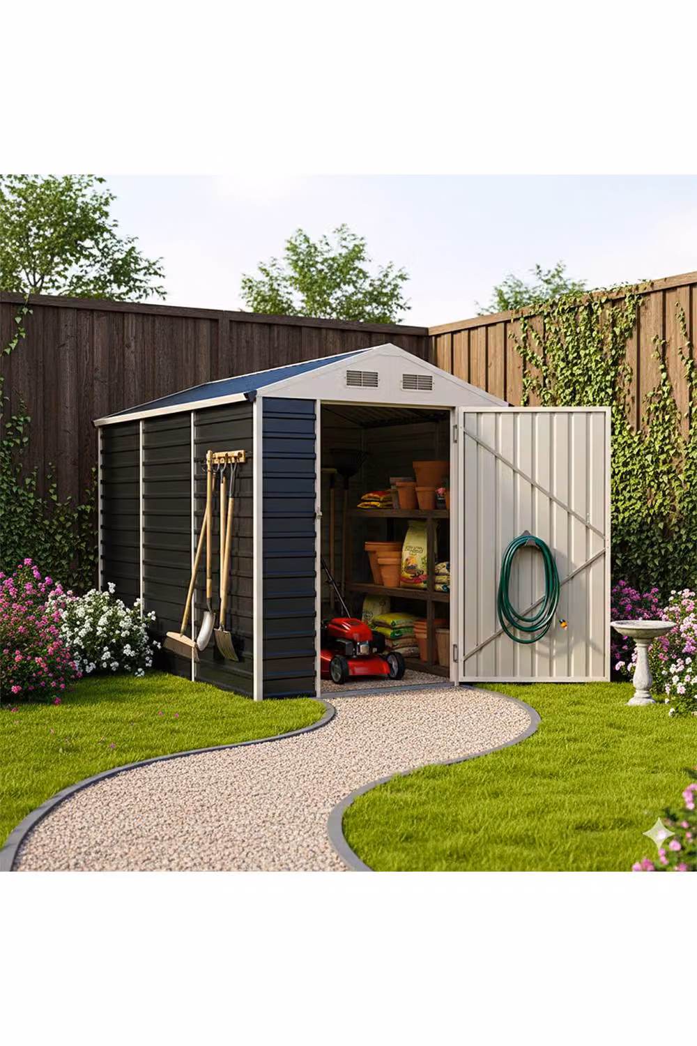 Living and Home Metal Apex Roof Garden Tool Storage Shed in Grey, W: 182.88 cm, H: 243.84 cm – 2