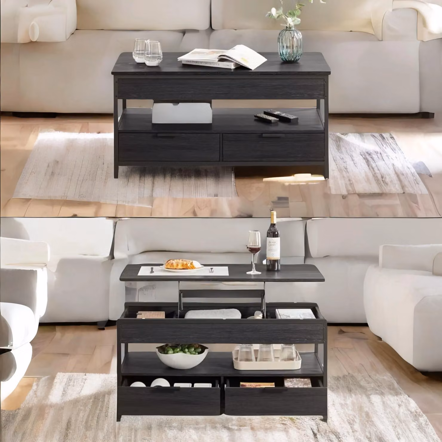 Pirlo Plush Industrial Lift Top Coffee Table with Drawers in Rustic Brown and Black – 3