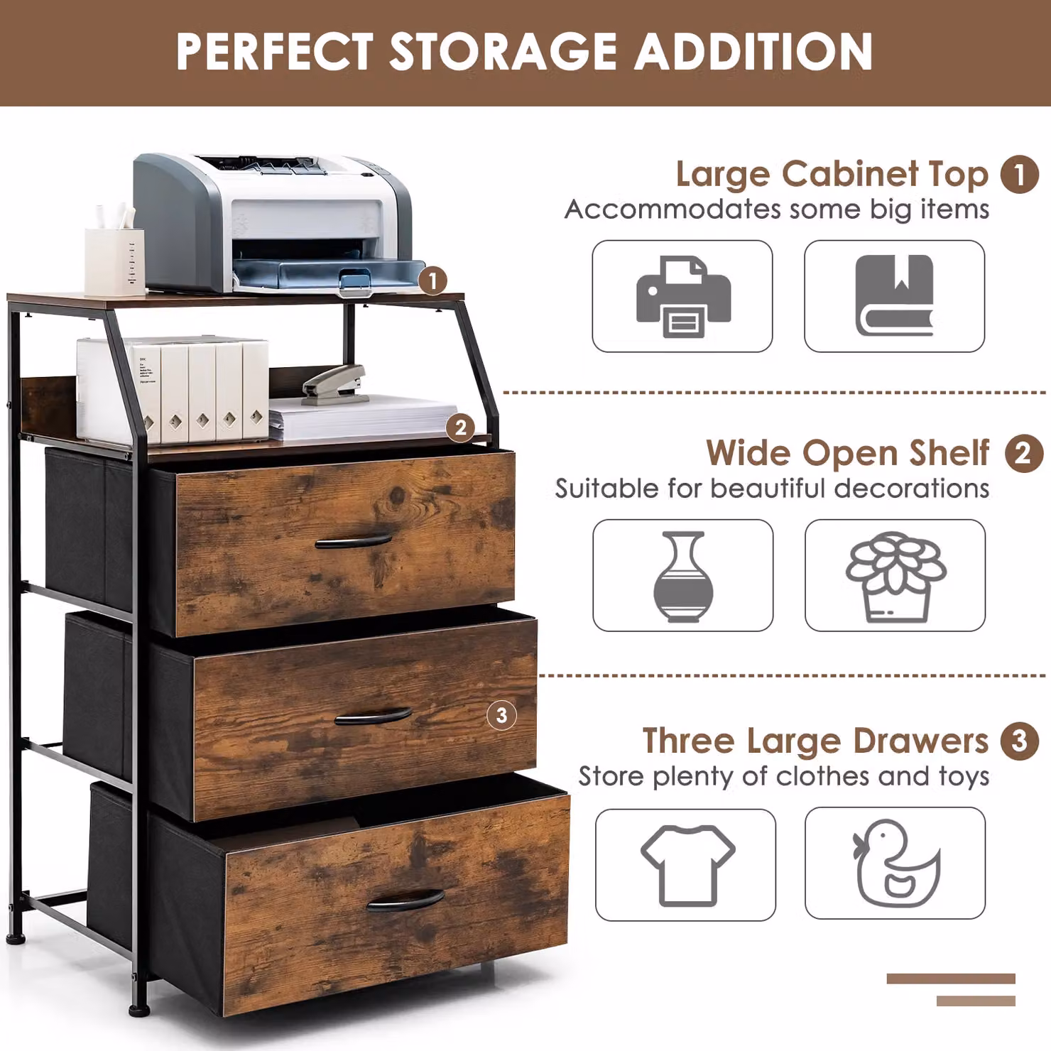 Costway 3 Drawer Dresser with Top Shelf, Brown Industrial Foldable Drawer Chest Cabinet – 4