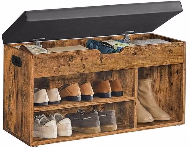 Pirlo Plush Rustic Brown Shoe Storage Bench with Synthetic Leather Cushioned Seat