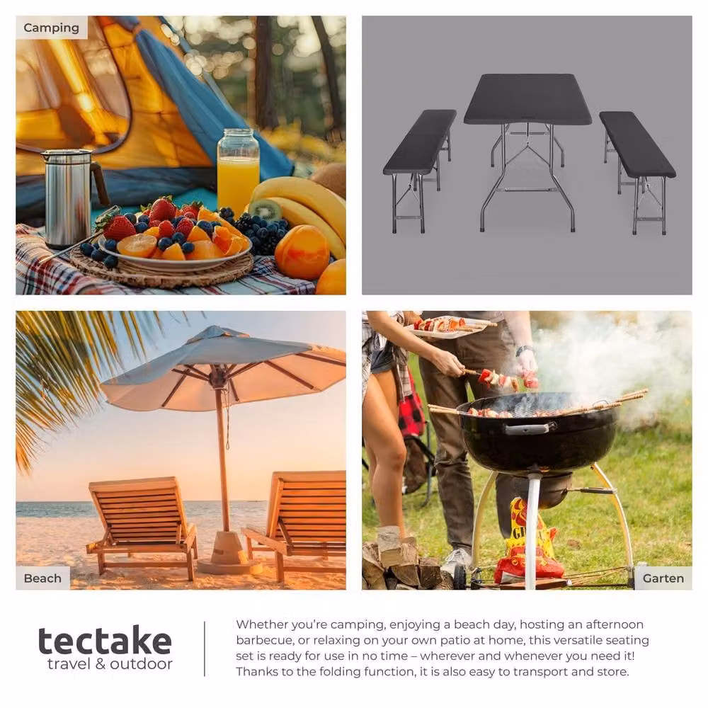 tectake Panja Foldable Camping Table Set in Dark Grey, Weatherproof Rectangular Garden Table for 8 Adults – 6