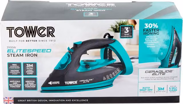 Tower Steam Iron with Ceramic Non-Stick Plate and Anti-Calc System, Black and Petrol