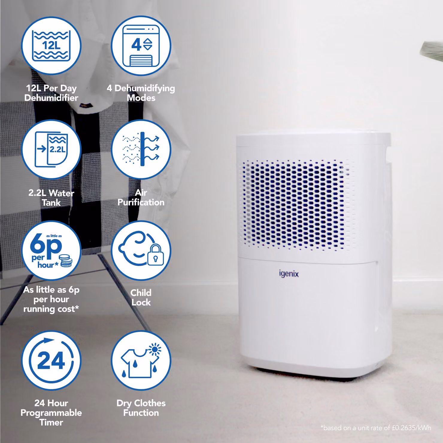 Igenix Portable Dehumidifier in White, Extracts 12 Litres of Moisture Per Day – 2