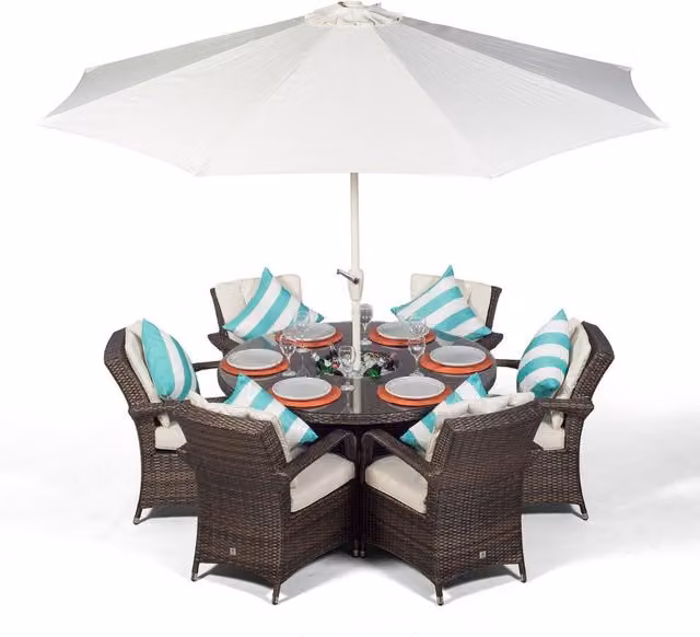 Giardino Arizona Round Rattan Patio Dining Set with Ice Bucket Drinks Cooler in Brown, 6 Seater