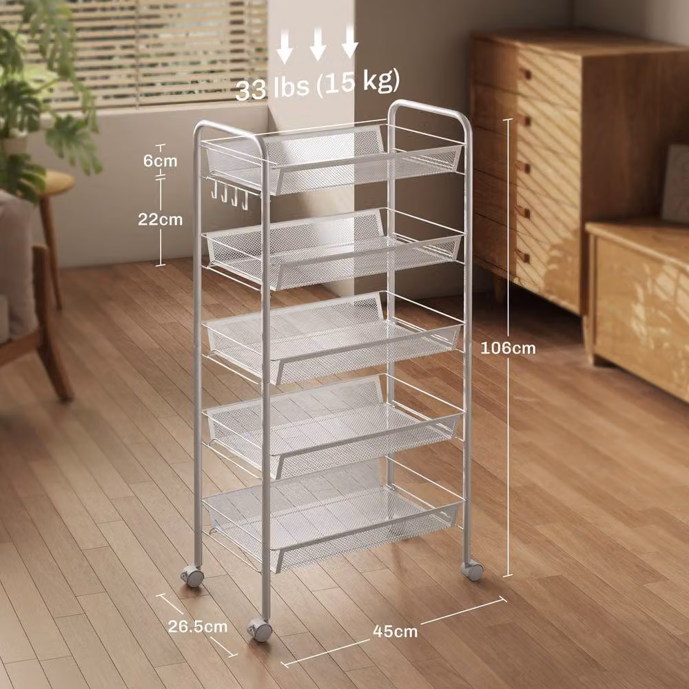 STILVORA 5 Tier Metal Storage Trolley with Wheels in White – 4