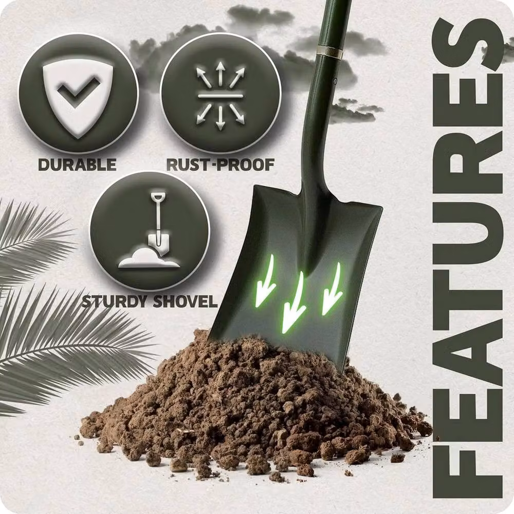 FLAVORA Heavy Duty Steel Square Mouth Builders and Garden Shovel, Green, 104 cm – 3