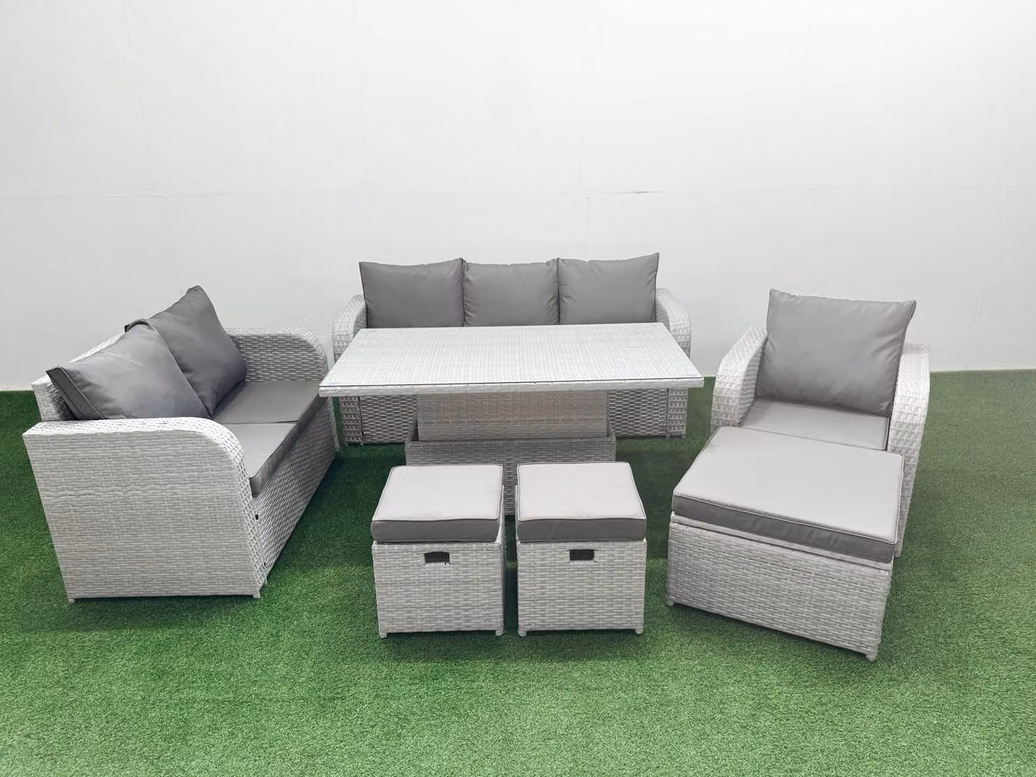 Fimous Patio 9 Seater Grey Rattan Outdoor Furniture Set with Upholstered Cushions and Adjustable Lifting Coffee Table – 2
