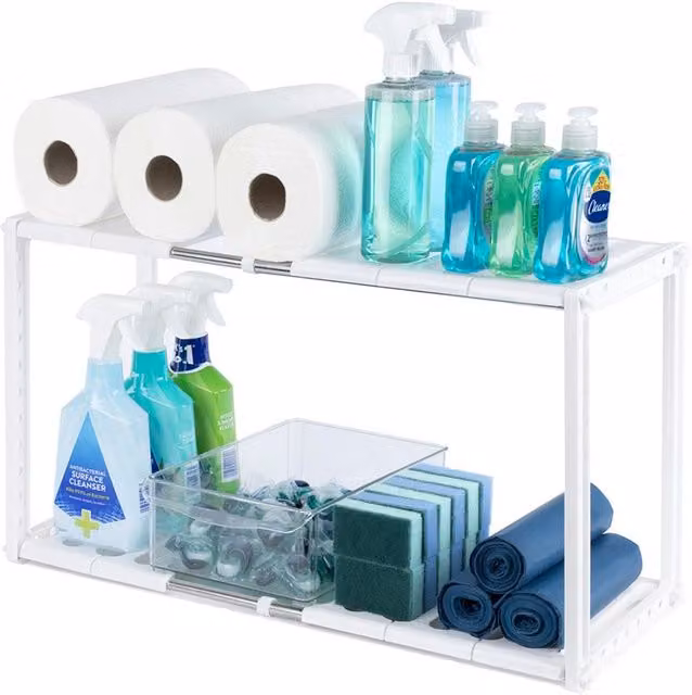 LIVIVO White Adjustable and Extendable Under Sink Storage Organiser Rack W/D/H: 38.0 x 26.0 x 26.0 cm