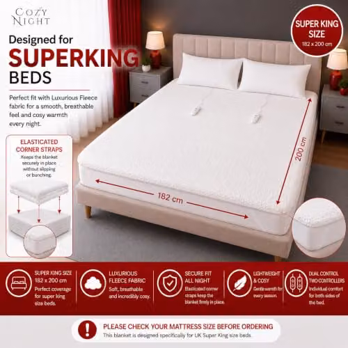 Cozy Night Luxury Fleece Electric Blanket in White, Superking Size, W: 182 cm, L: 200 cm – 2