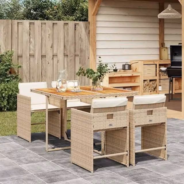 Berkfield Home 5 Piece Beige Poly Rattan Garden Dining Set with Acacia Wood Table and Cushions – 1