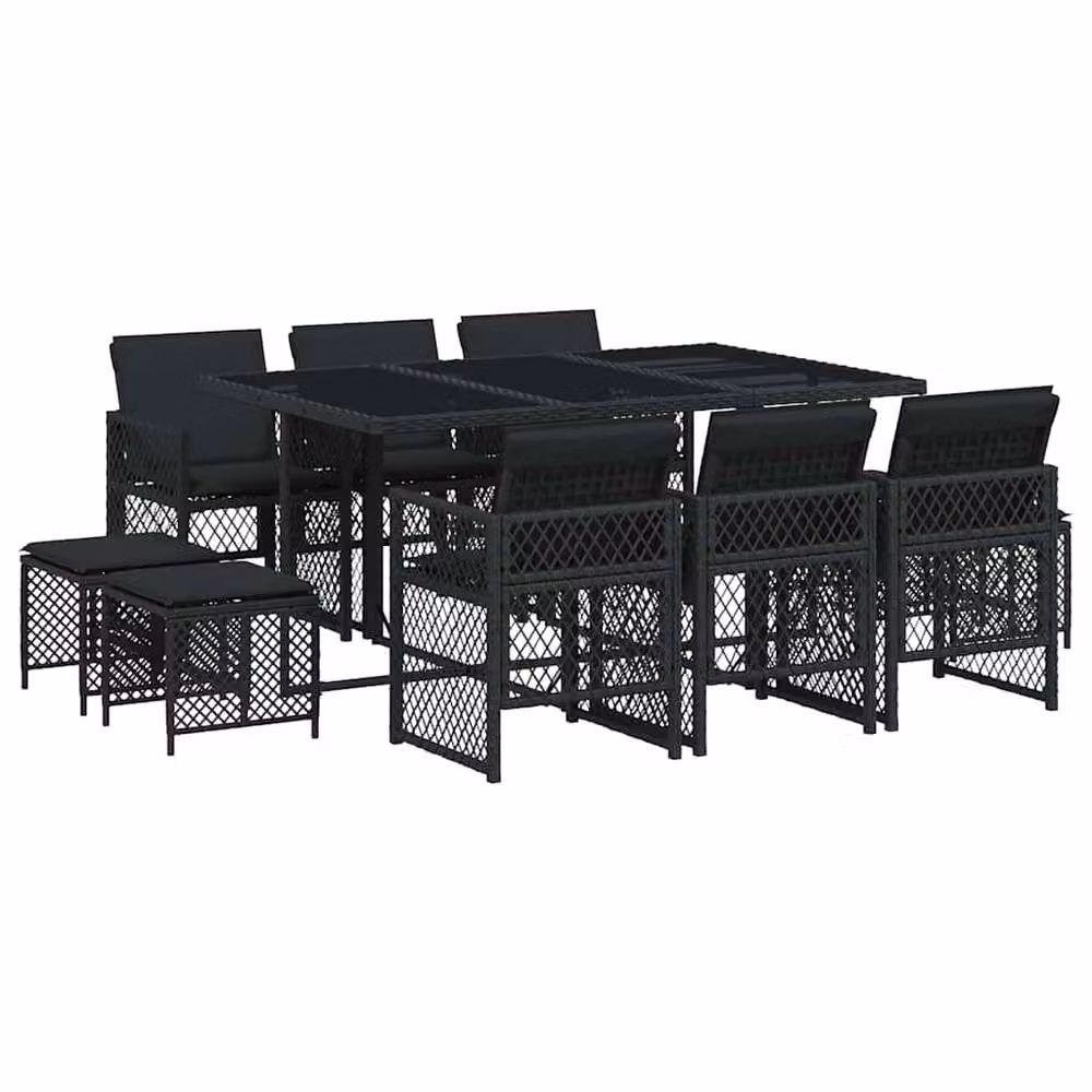 Berkfield Home 11 Piece Black Poly Rattan Garden Dining Set with Cushions – 2
