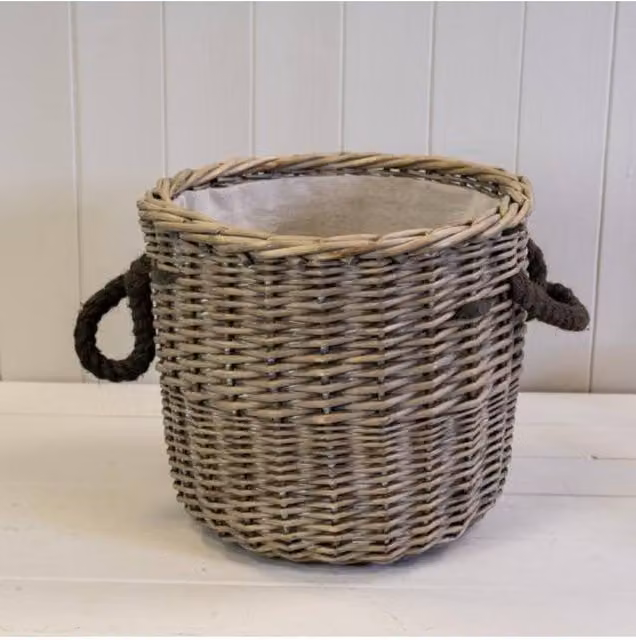 KDMD Grey Rustic Round Rattan Log Basket with Rope Handles