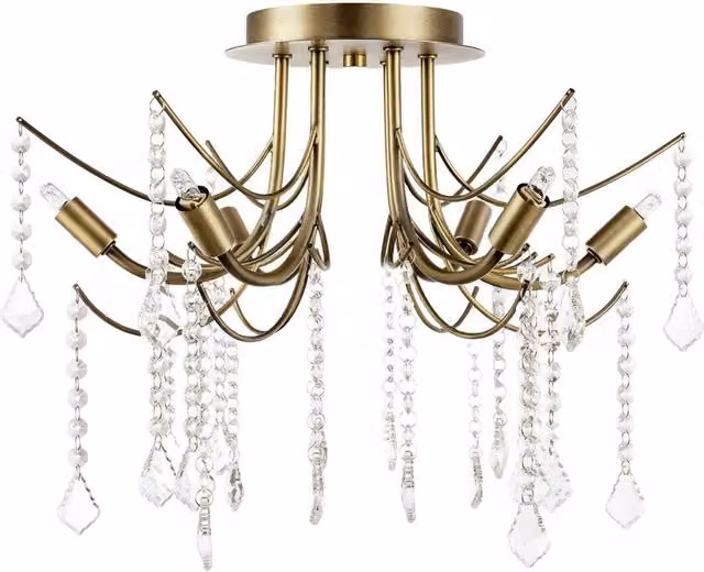 Happy Homewares Elegant Semi Flush Chandelier Ceiling Light with Transparent Crystal Droplets in Gold/Brass
