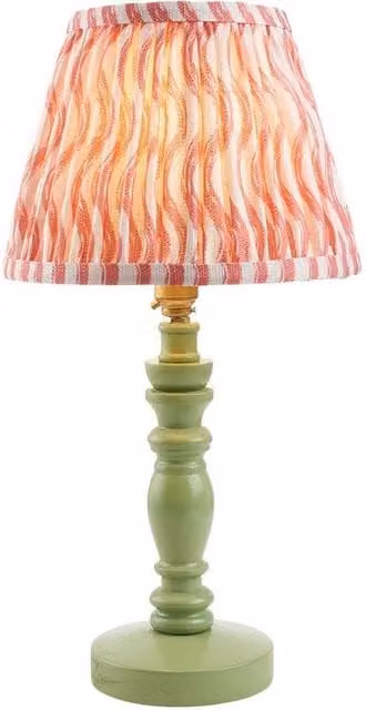 Netlighting Bibury Green Table Lamp with Pink Fabric Ripple Shade and Brass Details, 20 cm
