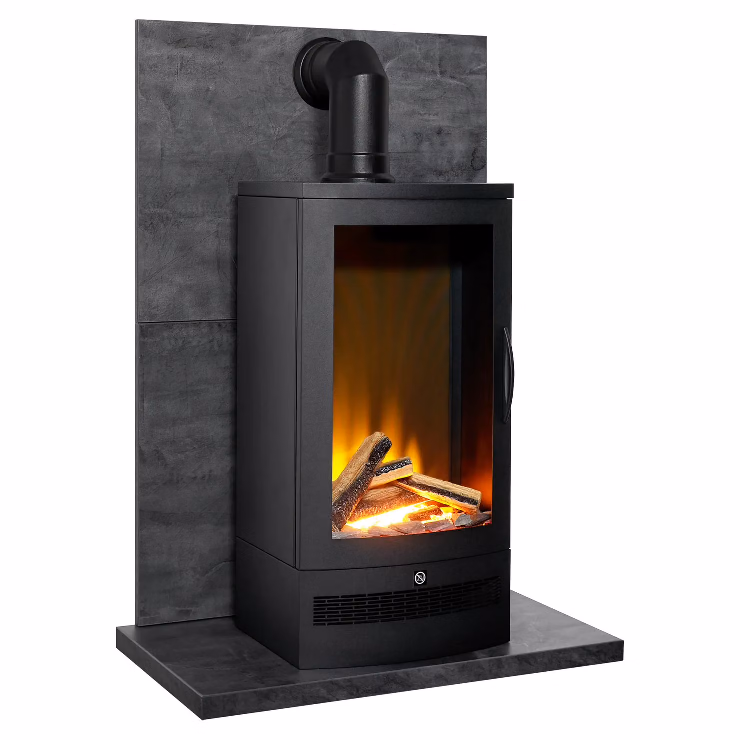 Acantha Tile and Hearth Set in Slate Effect with Horizon Stove and Angled Pipe in Black – 3