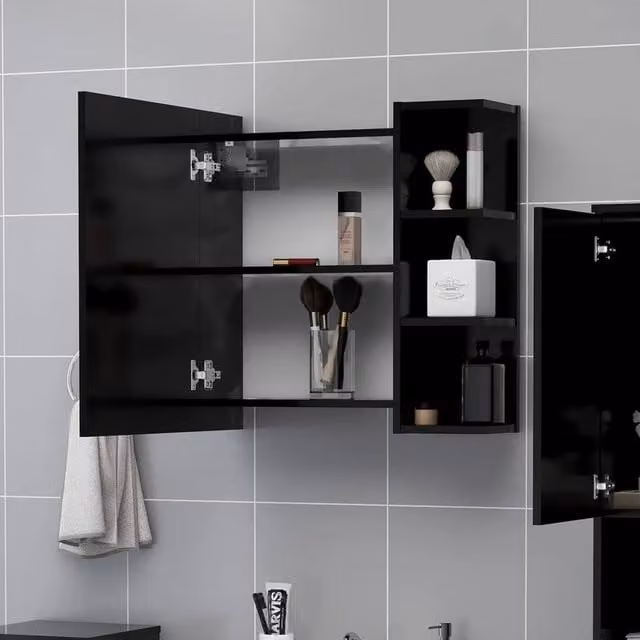 Berkfield Home Black Modern Wall Mounted Bathroom Mirror Cabinet with Hinged Doors, W/D/H: 62.5 x 20.5 x 64 cm