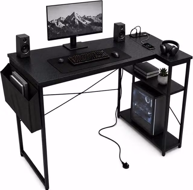 House of Home Reversible L-Shaped Carbon Fibre Gaming Desk with Built-In Sockets, Black, W: 100 cm, H: 75 cm – 1