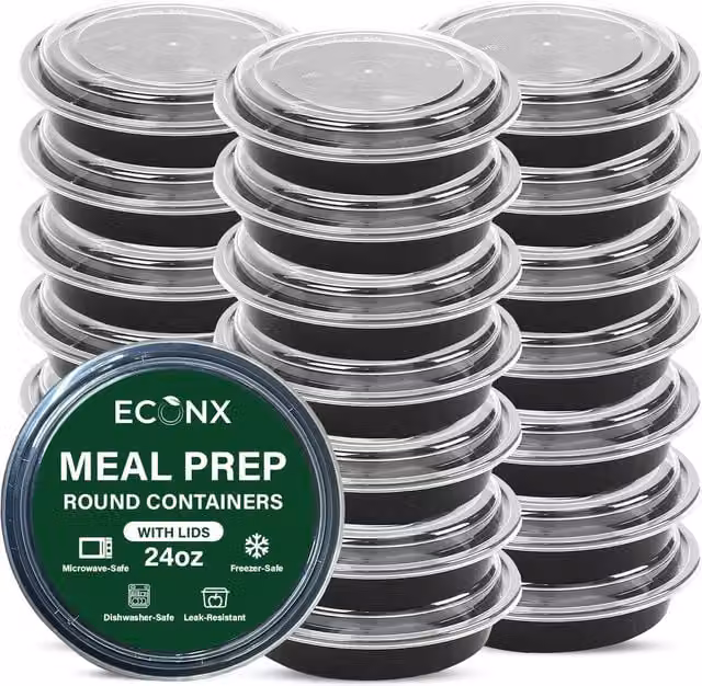 ECONX 50 Pack Black Round Airtight and Leakproof Plastic Meal Prep Containers with Lids, 710 ml