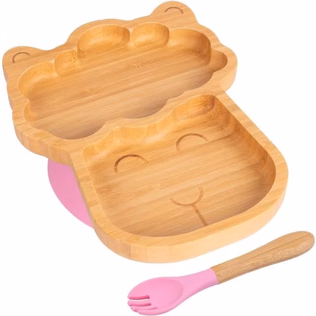 Tiny Dining Bamboo Llama Baby Weaning Plate and Fork Set, Pink