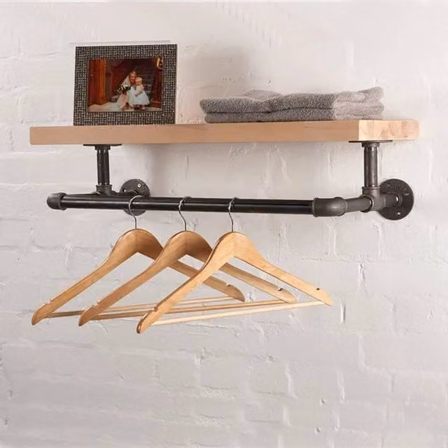 KORVIXA Industrial Style Clothes Rail in Natural Wood, W/D/H: 125 x 31 x 20 cm
