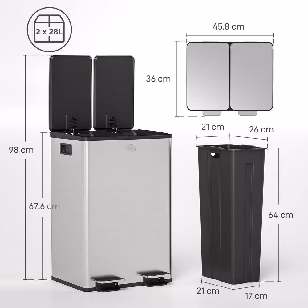 STILVORA Dual Kitchen Bin with Pedal Lid and Odour Filter, 56L, Silver Stainless Steel – 2