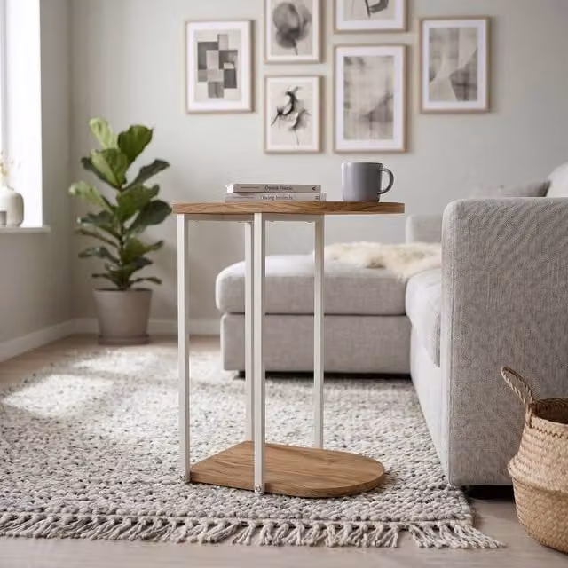 Decortie Roya Half-Round Side Table with Metal and MDF Frame in Brown, H 56.0 x W 32.0 x D 41.5 cm – 1