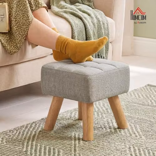 HOMCOM Modern Rectangular Fabric Footstool with Rubberwood Legs in Brown or Grey – 2