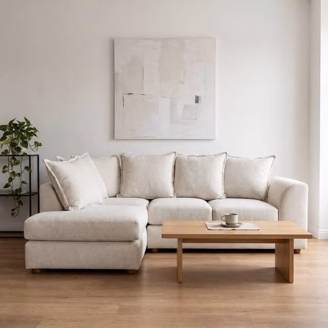 Abakus Direct Dexter Relaxed Linen Left Facing Corner Sofa with Plush Chaise in Beige