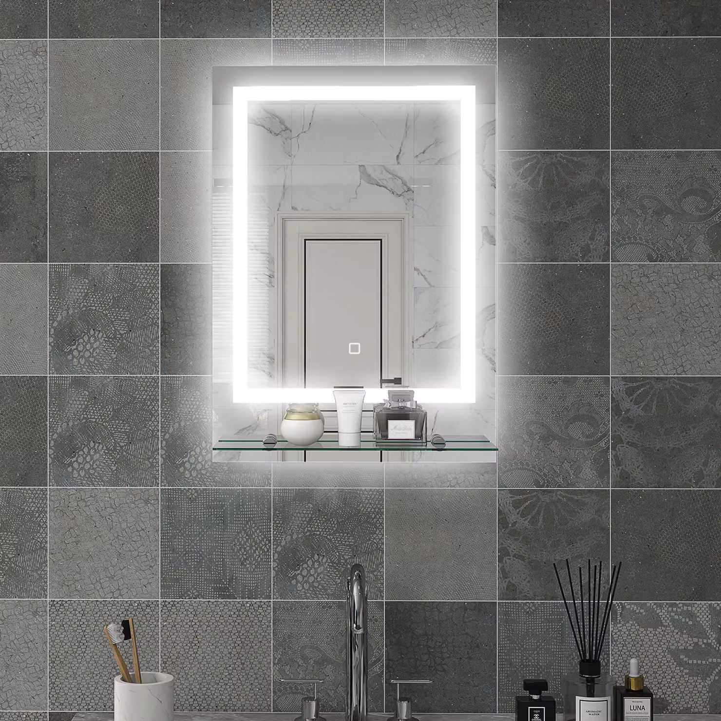 kleankin Illuminated LED Vanity Mirror with Smart Touch Anti-Fog Function and Shelf, 3 Colour Settings, W: 70 cm, H: 50 cm – 2