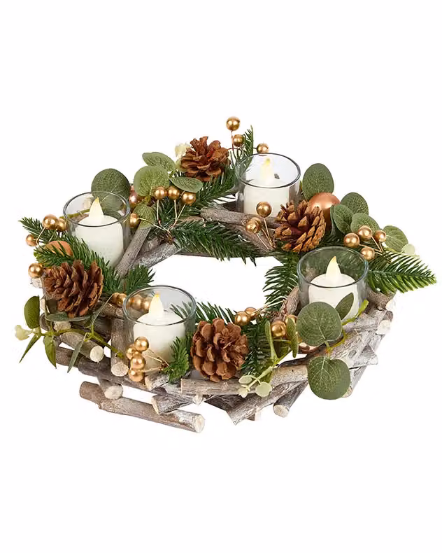 Dibor Set of 2 Eucalyptus and Cinnamon Round Christmas Centrepiece Tealight Holders in Green and Gold, Diameter: 30 cm – 2