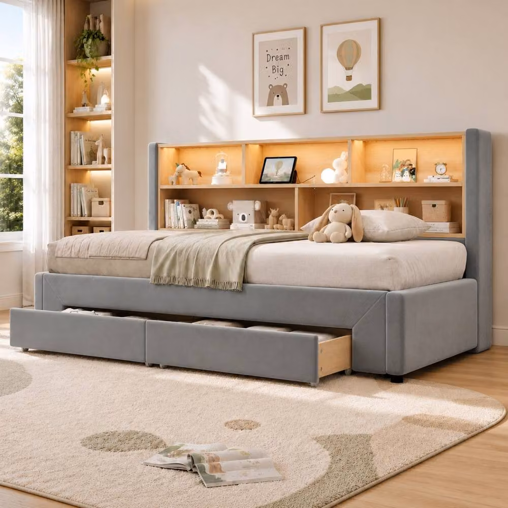 Rolipo Grey Velvet Upholstered Double Bed with Drawers, USB Charging Port and Under-bed Lighting, W/D/H: 140 x 200 x 180 cm – 3
