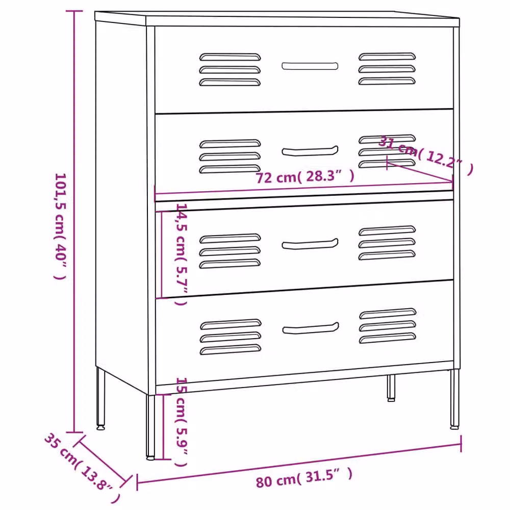 Berkfield Home Industrial Metal Chest of Drawers in Orange, W: 80 cm, D: 35 cm, H: 101.5 cm – 3