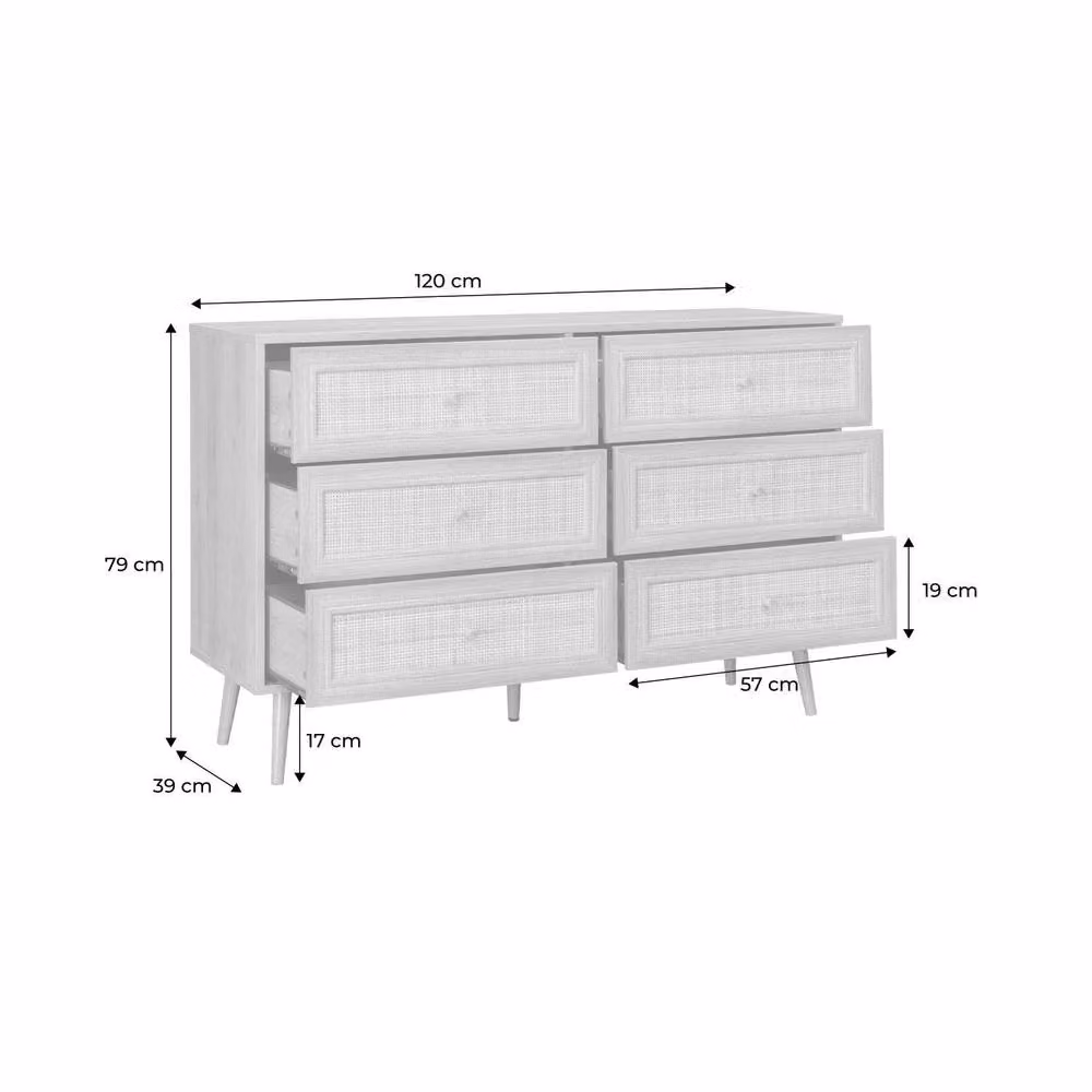 sweeek 6-Drawer Scandinavian Chest with Wood and Rattan Effect in Brown, W/D/H: 120 x 39 x 79 cm – 2