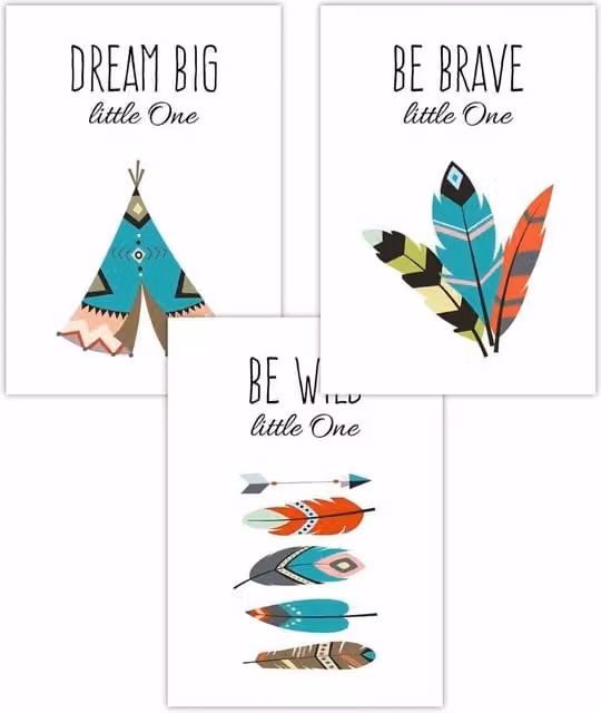 ARTZE Set of 3 Multicolour Tribal Quote Dream Big Nursery Wall Posters, W: 42 cm, H: 59 cm