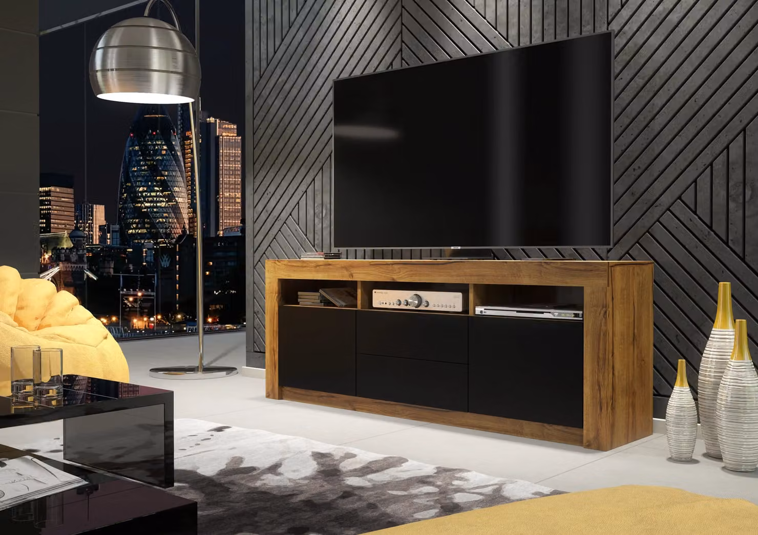 Creative Furniture Modern Oak TV Unit with Matt Black Doors in Brown, W: 160 cm, H: 60 cm, D: 35 cm – 2