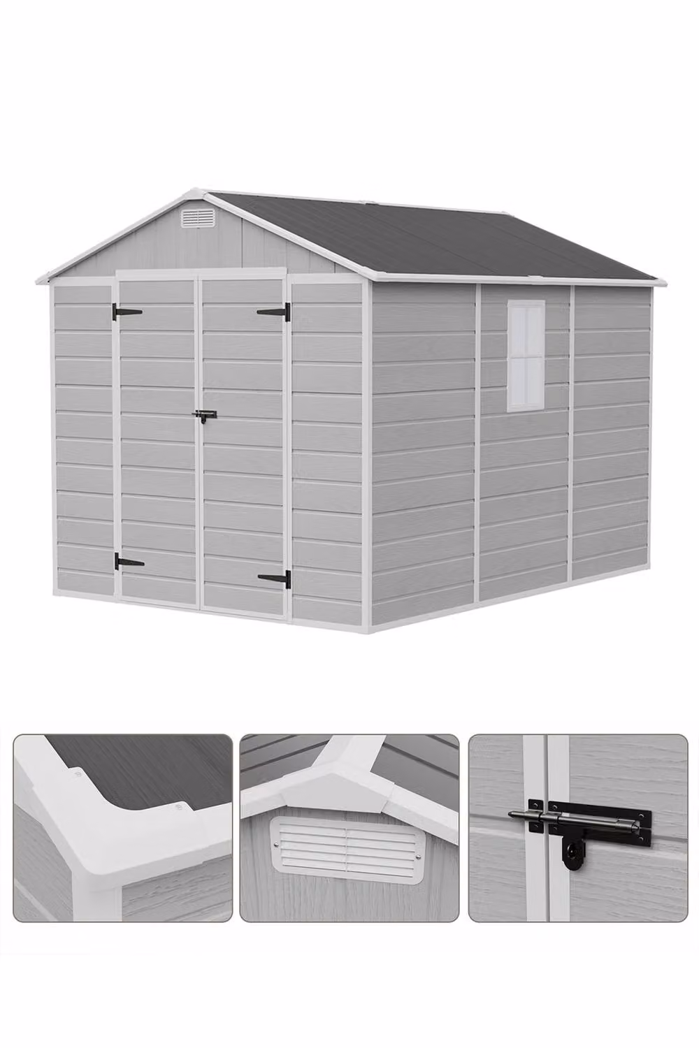 Living and Home Grey Plastic Garden Storage Shed with Lockable Door and Window, W: 243.84 cm, D: 243.84 cm, H: 200 cm – 4