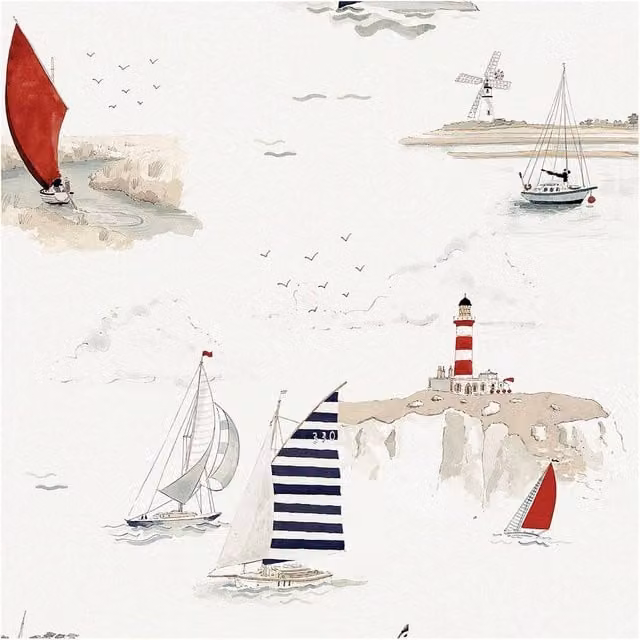 Sophie Allport Coastal Boats Langham White Wallpaper, Width: 52 cm