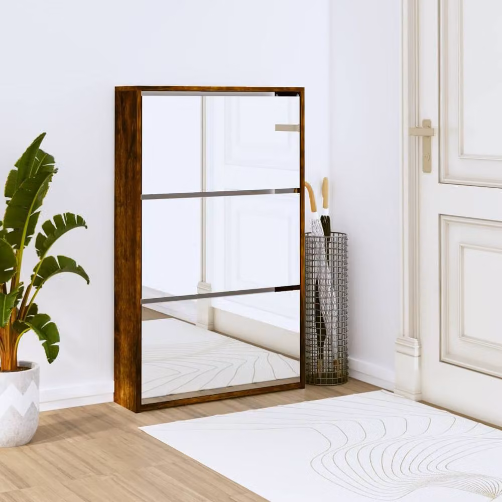 Berkfield Home 3-Layer Shoe Cabinet with Mirror in Smoked Oak Brown, W: 63 cm, D: 17 cm, H: 102.5 cm – 2