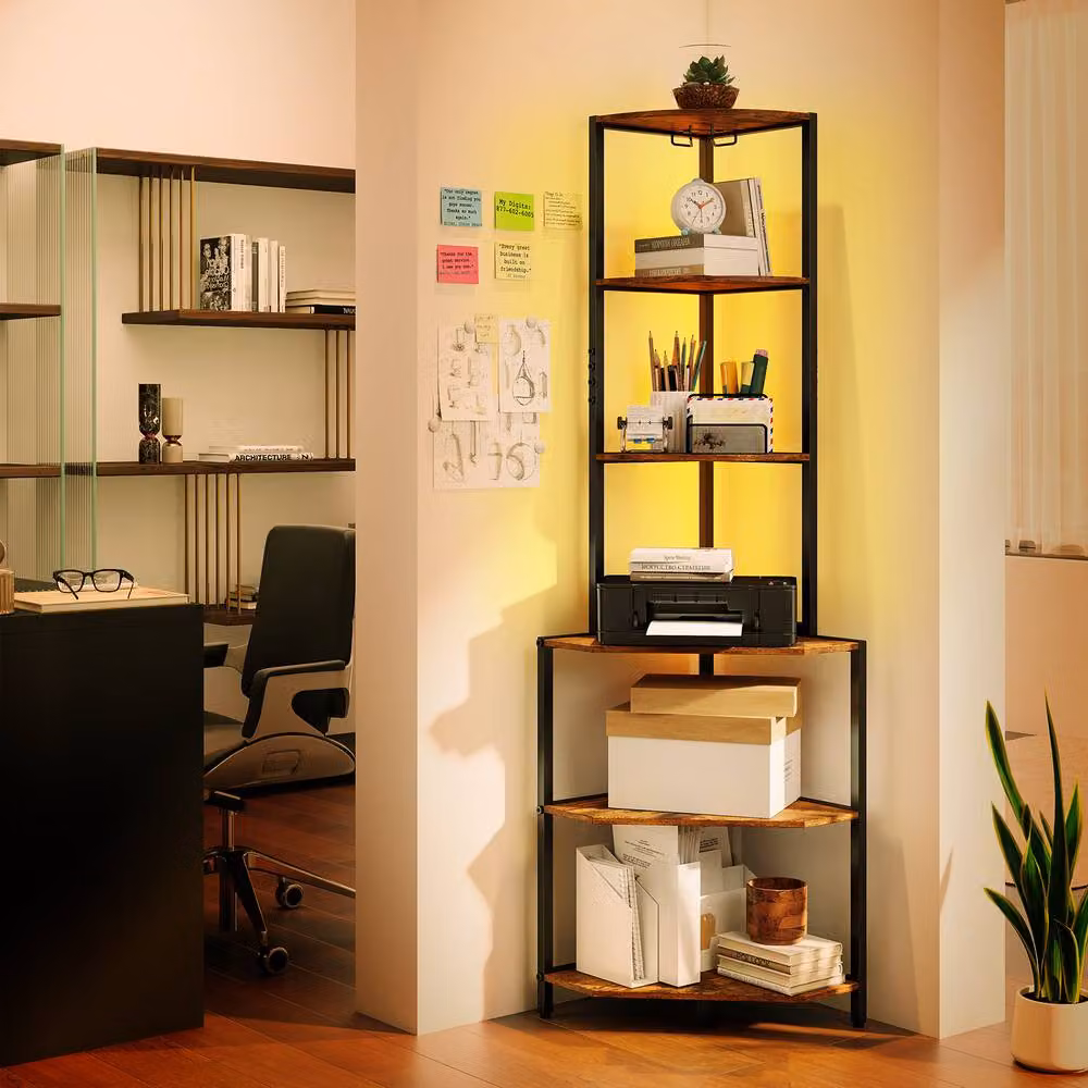 Costway Wooden Corner Shelf with Storage Shelves in Brown – 3