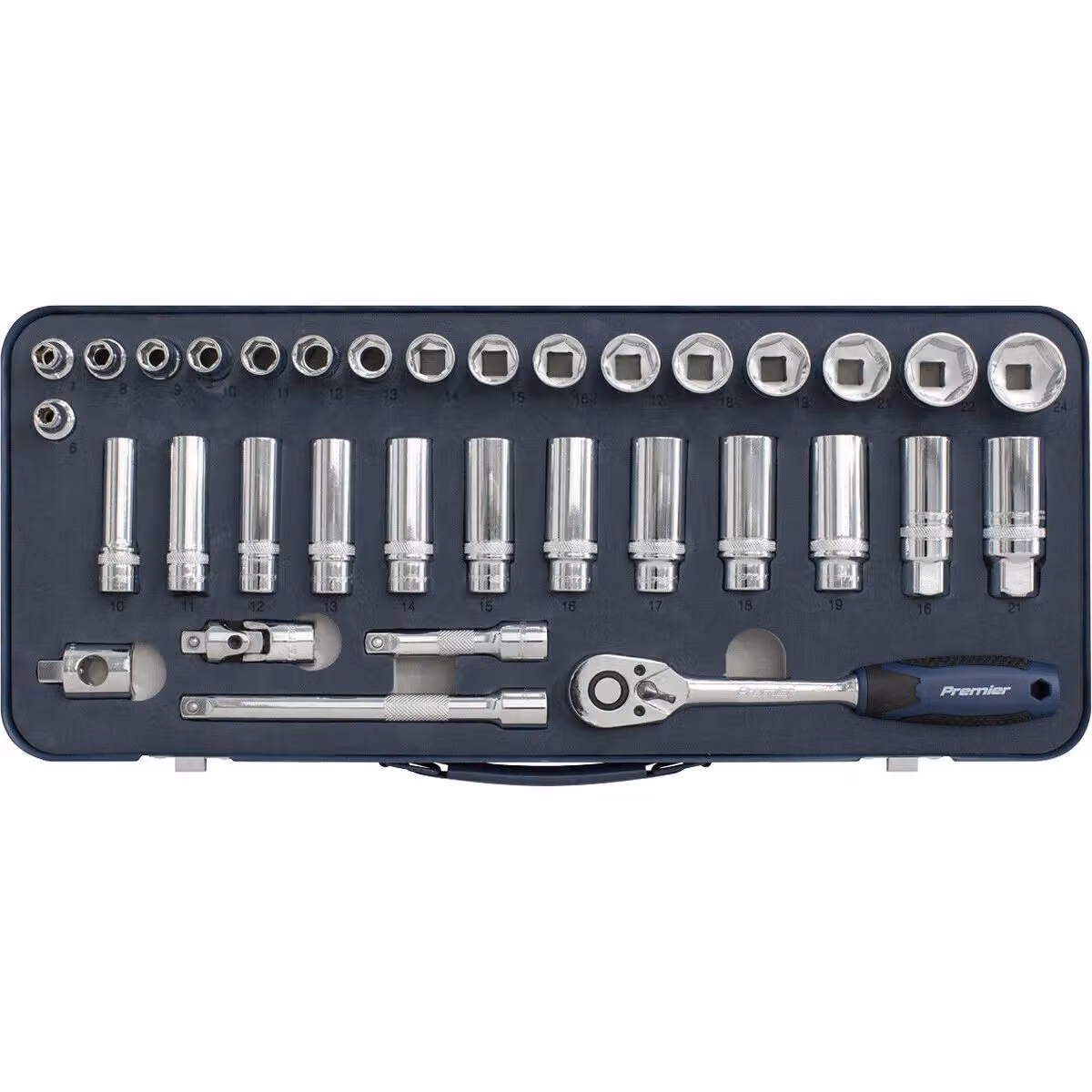 Loops 34 Piece 3/8 Inch Metric Socket Set with 6 Point Lock-On Rounded Heads in Silver and Multicolour Chrome Vanadium Steel – 5